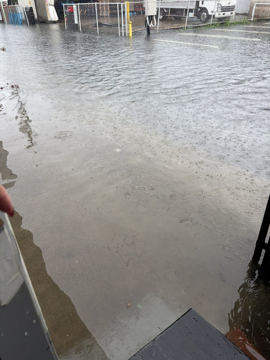 本社前の大雨