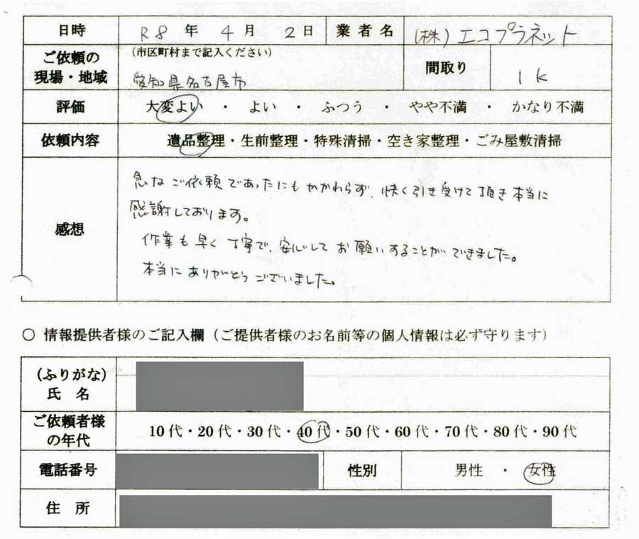 お客様の声 / 遺品整理：愛知県名古屋市